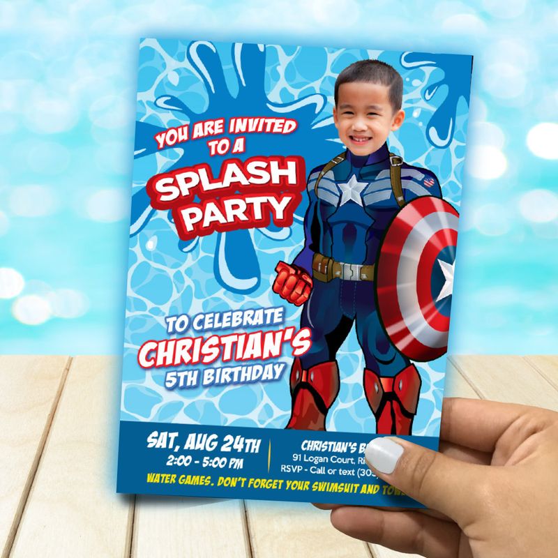 Captain America Splash party Invitation with photo, Captain America Water slide birthday, Capt America Splash party flyer. 943