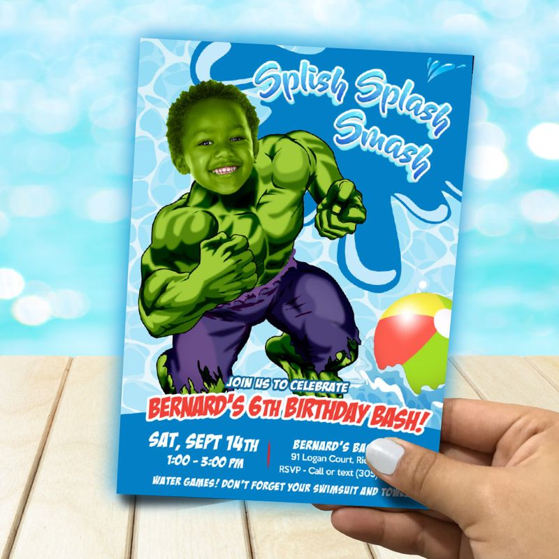 Hulk Splish Splash Smash party Invitation with photo, Hulk Water slide Party, Hulk water party Invitation template, Hulk flyer invite. 944