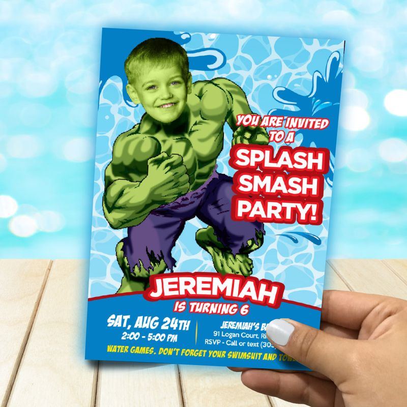 Hulk Splash Smash party Invitation with photo, Hulk Splash Smash template, Hulk Water slide birthday invite, Hulk Splash party flyer. 945