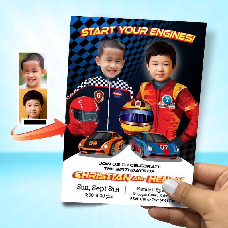 Siblings Race Car party flyer invitation, Race Car twins Invitation template, Race Car siblings Party, Joint Car Racers Birthday digital 947