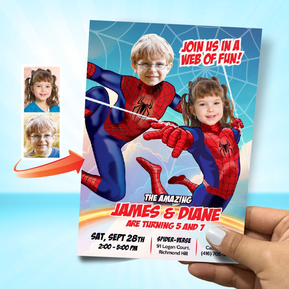 Joint Spider-Man boy and girl party Invitation, Spiderman siblings template, Joint Spider-man and spider-girl party invitation. 949