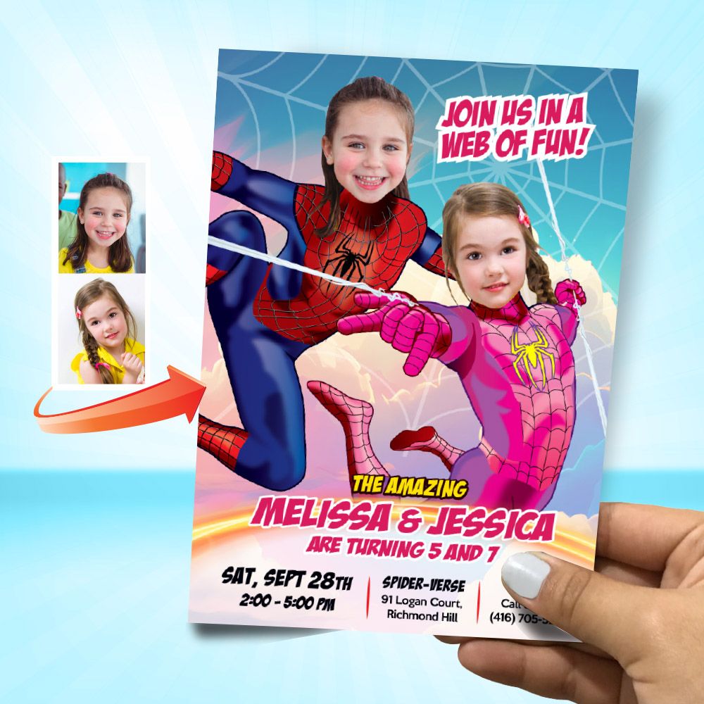 Joint Spider-girls party Invitation, Girls Spiderman siblings template, Joint Girls Spider-man birthday invitation, 2 girls spiderman. 950