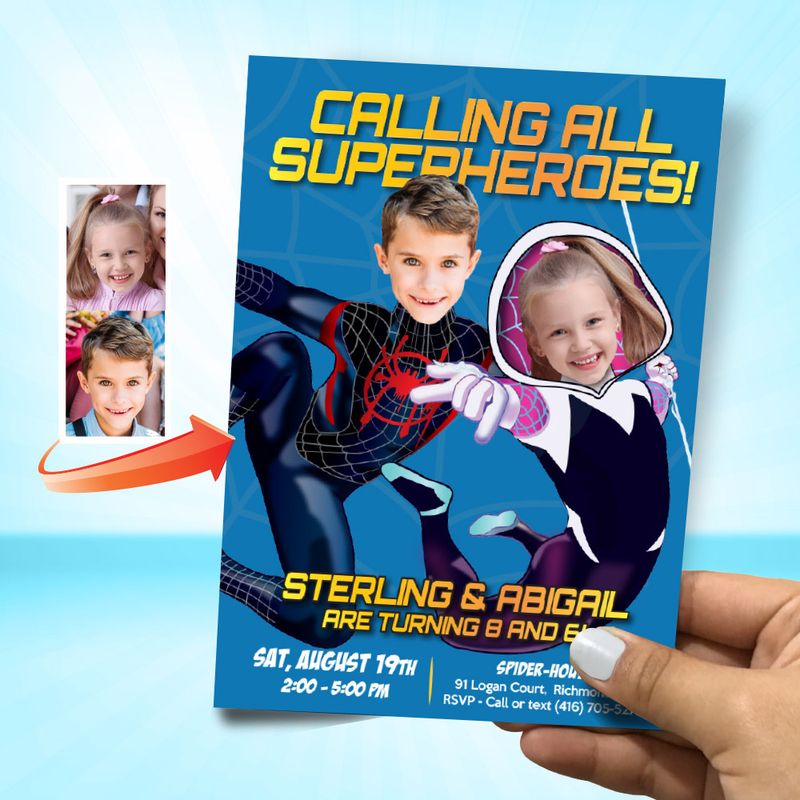 Joint Miles Morales and Gwen Stacy birthday Invitation, Gwen Stacy &amp; Miles Morales flyer, SpiderVerse online Invitation with photos. 954