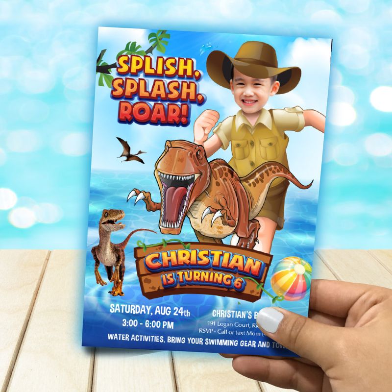 Dinosaurs Splish Splash Party Invitation, Dino-mite Water Roar party template, Dino Splash Party invite, Dinosaurs online invitation. 904B