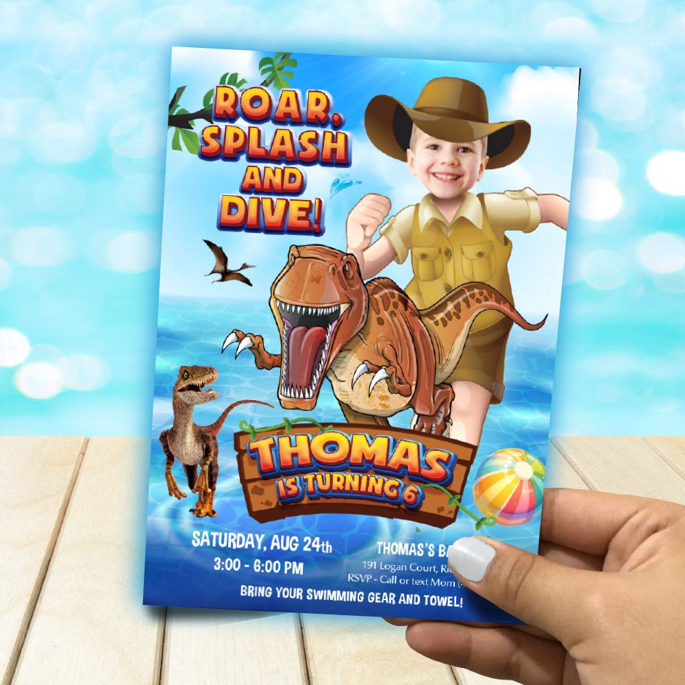 Dinosaurs Roar, Splash and Dive Party Invitation, Dinomite Pool Roar party template, Dino Splash Party template, Dinosaurs flyer online. 960