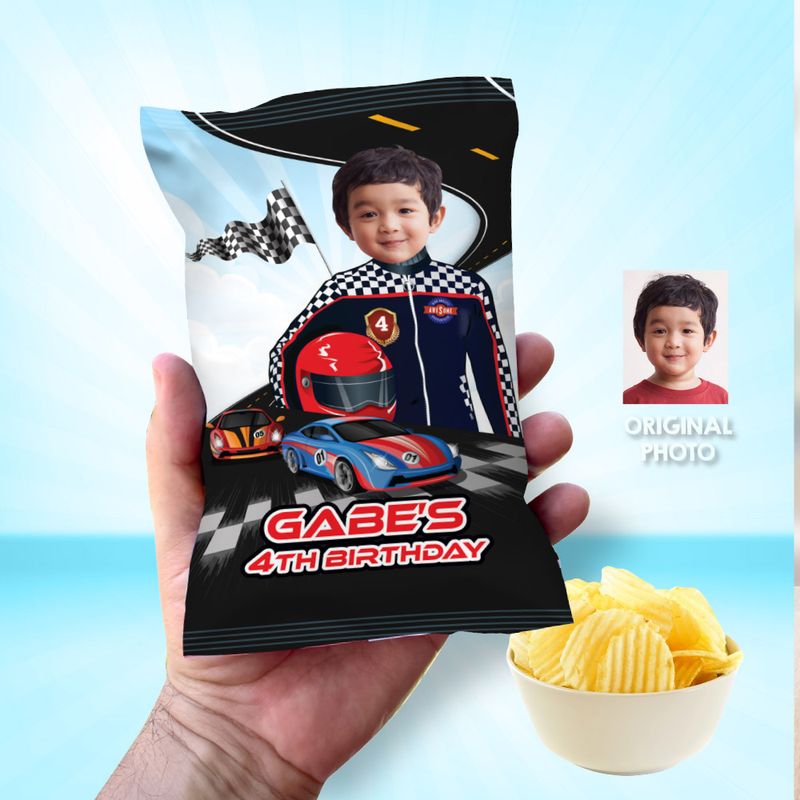 Race Car chip bags party favors, Racing Car Chip Bag Wrapper, Custom Race Car Chip Bag label, Custom Racecar theme party, DIY chip bags. 958