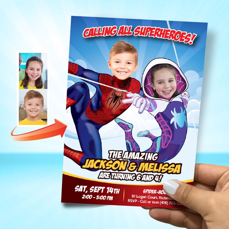 Joint Spiderman and Gwen Stacy birthday Invitation, Gwen Stacy &amp; Spiderman flyer, SpiderVerse digital Invitation with photos. 953