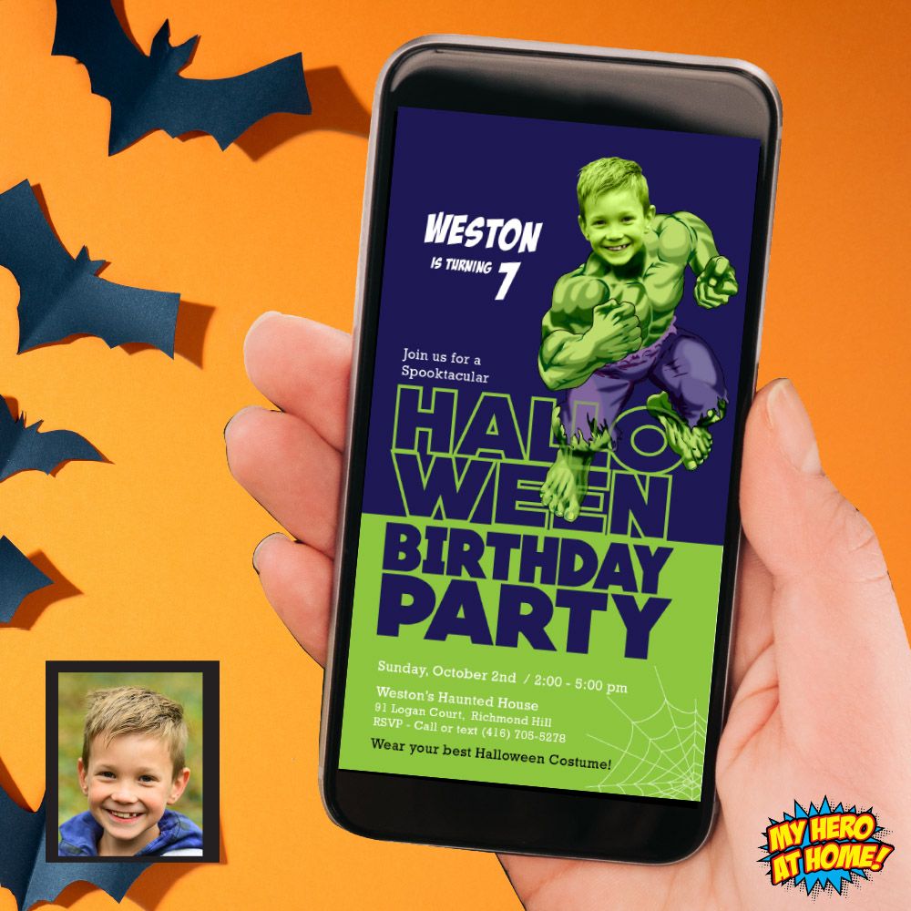 Halloween Hulk party invitation, Halloween Hulk phone invite, Halloween Superheroes party, Halloween Hulk mobile, Halloween Hulk digital 962