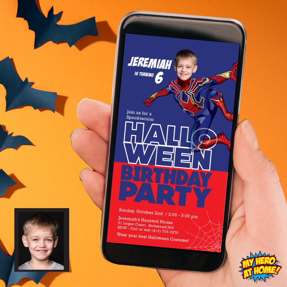Halloween Iron Spider party invitation, Halloween Spiderman phone invite, Halloween Superheroes birthday, Halloween Spiderman mobile. 963