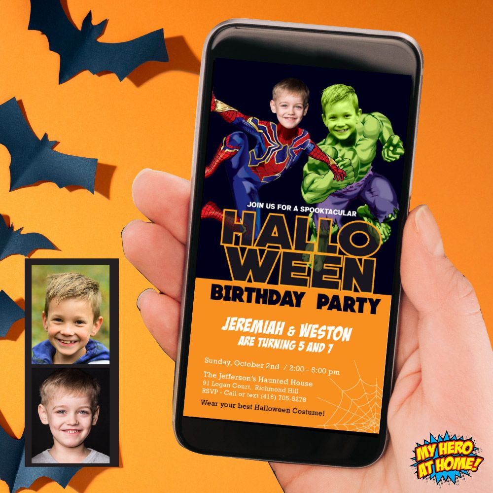 Joint Halloween Hulk Spiderman party invitation, Halloween Siblings Spiderman Hulk phone invite, Joint Halloween Superheroes birthday. 966