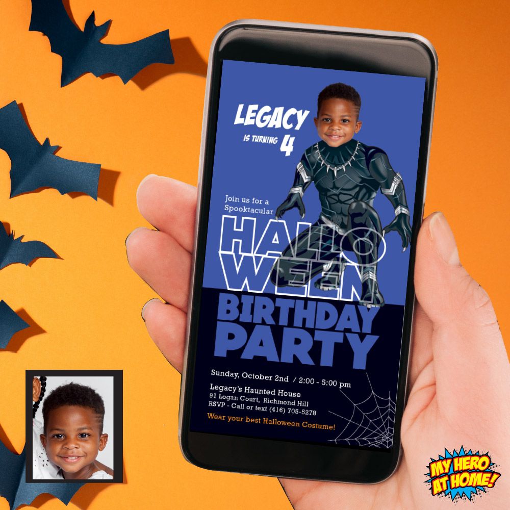 Halloween Black Panther party invitation, Halloween Black Panther phone invite, Halloween Black Panther birthday, Black Panther mobile. 965