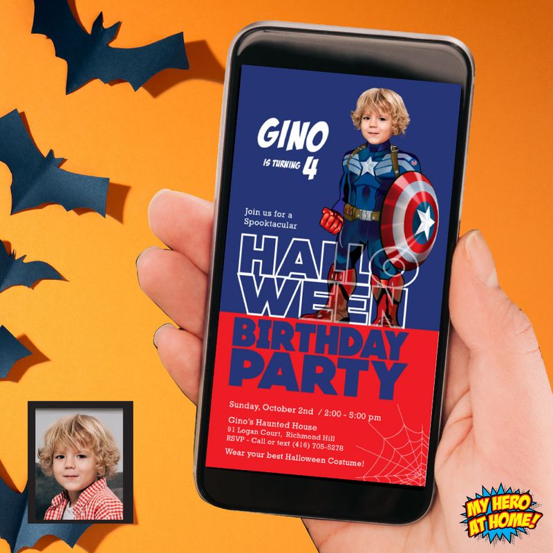 Halloween Captain America party invitation, Halloween Capt America phone invite, Halloween Capt America birthday, Capt America mobile. 964