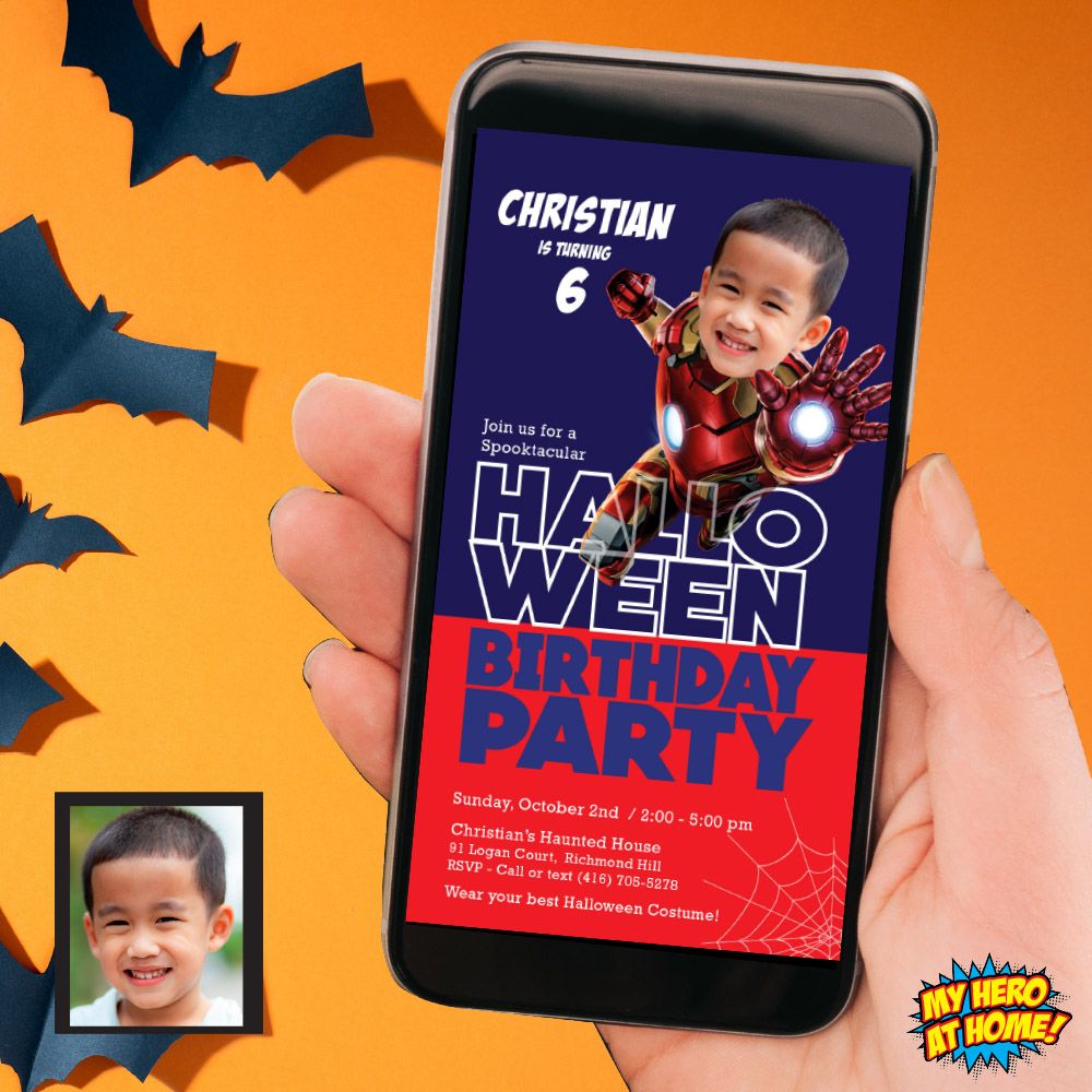 Halloween Iron Man party invitation, Halloween Iron Man phone invite, Halloween Iron Man birthday, Iron Man Halloween digital invite. 967
