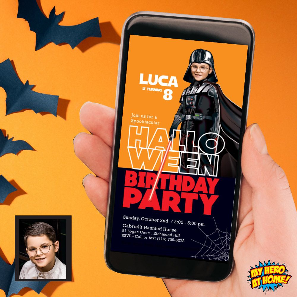 Halloween Dark Side party invitation, Halloween Darth Vader phone invite, Halloween Darth Vader mobile, Halloween Darth Vader digital. 969