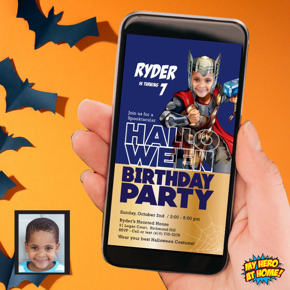 Halloween Thor party invitation, Halloween Thor phone invite, Spooky Super heroes party, Halloween Thor mobile, Halloween Thor digital. 968