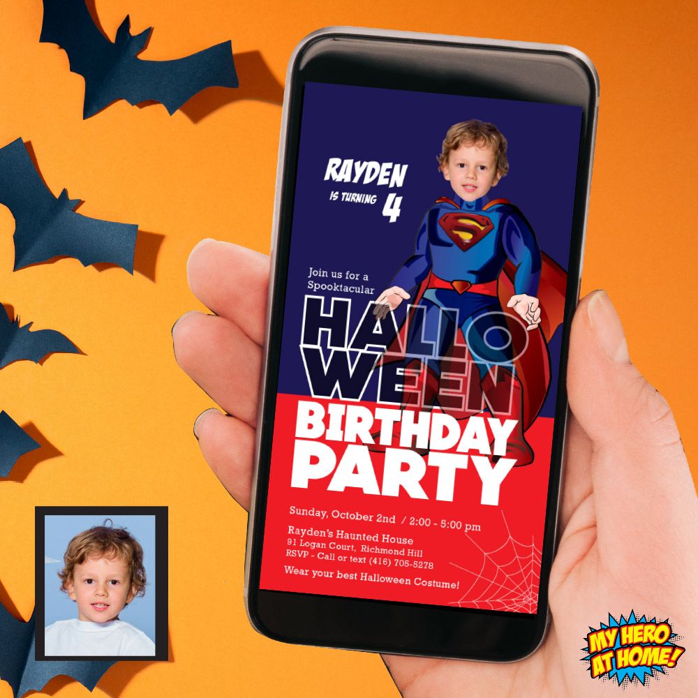 Halloween Superman party invitation, Halloween Superman phone invite, Spooky Super heroes party, Halloween Superman mobile, Halloween Superman digital. 973