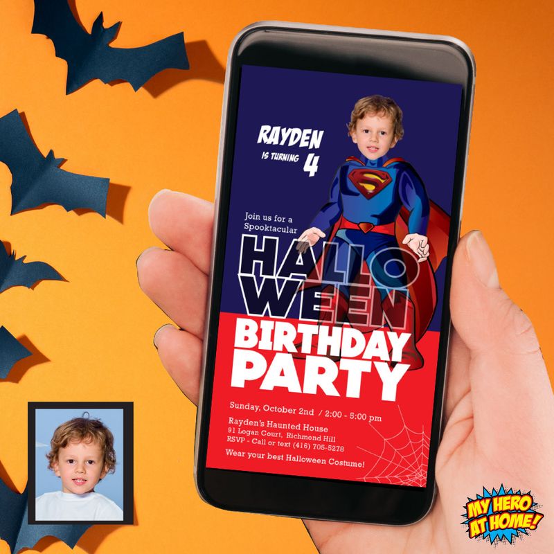 Halloween Superman party invitation, Halloween Superman phone invite, Spooky Super heroes party, Halloween Superman mobile, Halloween Superman digital. 973