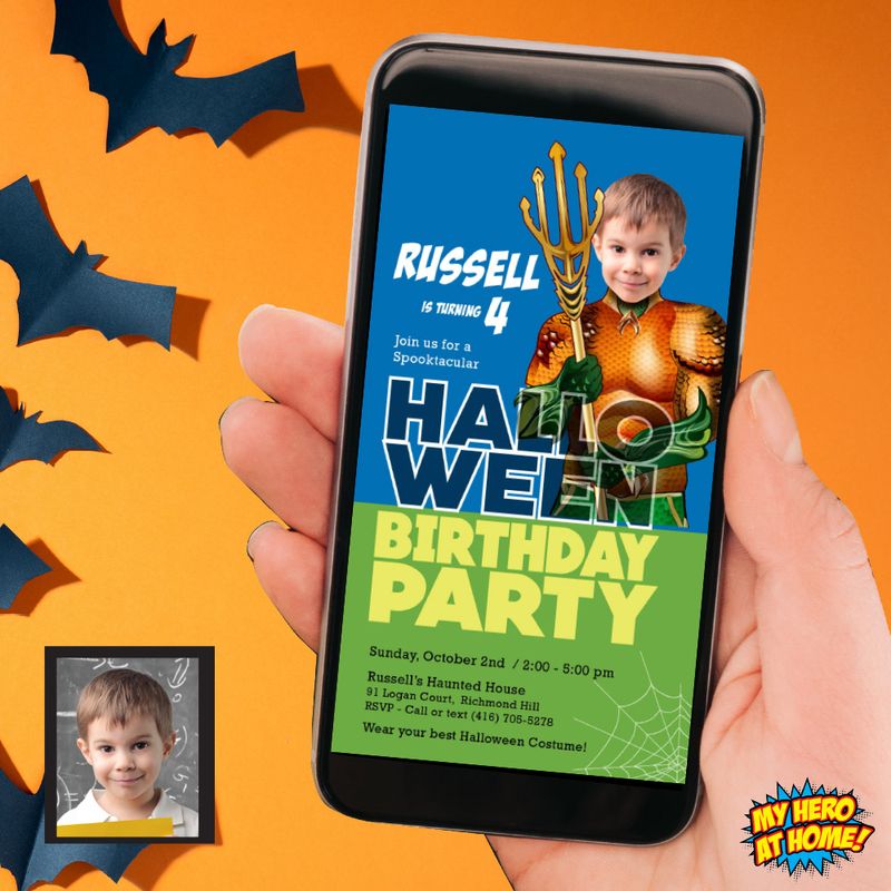 Halloween Aquaman party invitation, Halloween Aquaman phone invite, Spooky Super heroes party, Halloween Aquaman mobile, Halloween Aquaman digital. 974