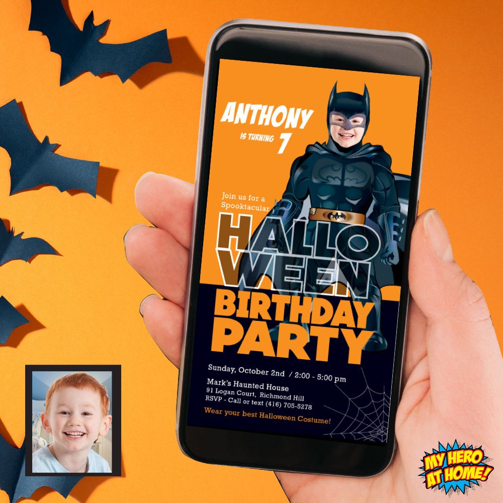 Halloween Batman party invitation, Halloween Batman phone invite, Spooky Super heroes party, Halloween Batman mobile, Halloween Batman digital. 975