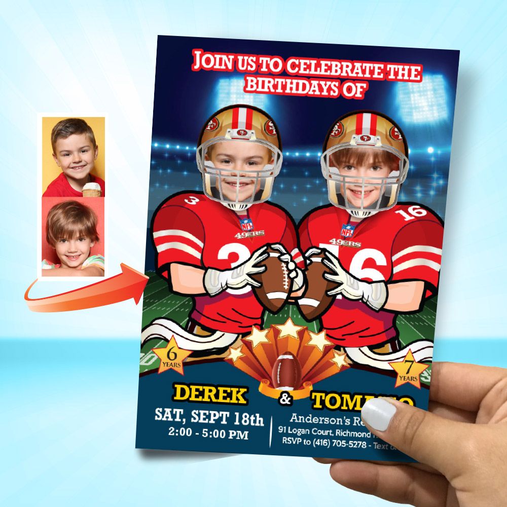 Football Siblings birthday Invitation, Football siblings party flyer, Joint Football party invitation, Two kids football template. 976