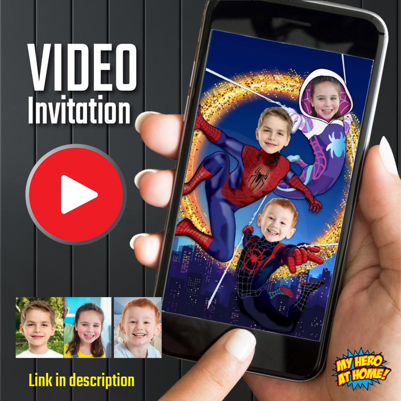 Joint 3 kids spiderman birthday video invitation, 3 Siblings Spiderman birthday video invitation, 3 children spiderman birthday video invite. 979