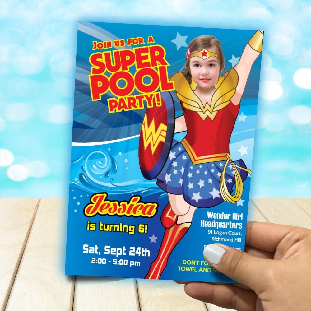 Wonder Woman birthday Invitation with photo, Wonder girl Pool Party, Wonder girl thank you, Superhero girls Pool Party. 130C