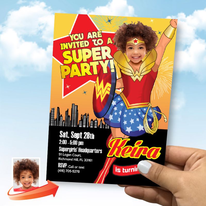 Wonder Woman Invitation with photo, Wonder Girl Party, Wonder Girl template, Wonder Girl birthday Invitation, Wonder Girl flyer. 153