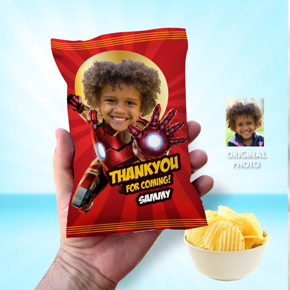 Ironman chip bags party favors, Ironman Chip Bag Wrapper, Custom Ironman Chip Bag label, Ironman party decor, DIY superhero chip bags. 987