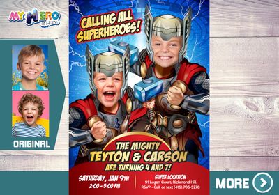 Thor Siblings Birthday Invitation, Thor Brothers Party Invitation, Joint Thor Birthday invitation, 2 kids Thor Party, Thor Theme Party. 520