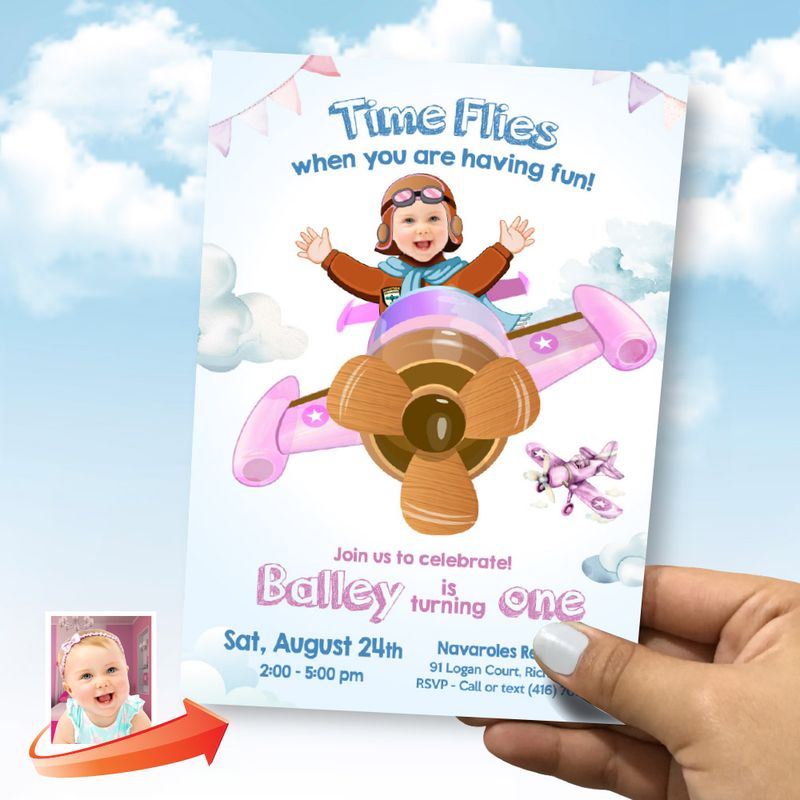 Girl Airplane birthday Invitation with photo, Baby Girl Airplane 1st birthday invite, Pink Time Flies 1st birthday Invitation. 989