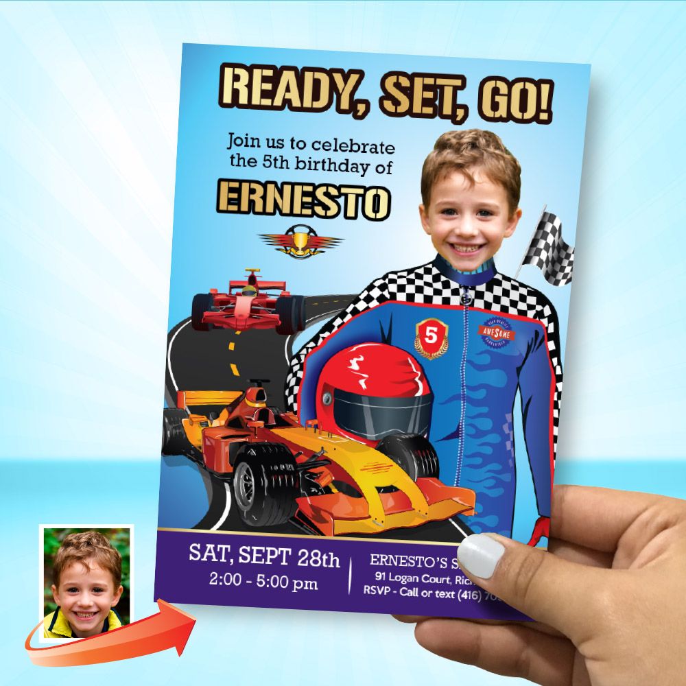 Race Car birthday party Invitation with photo, Racing Car flyer invitation, Racing birthday template, Blue Race car party invitation. 990