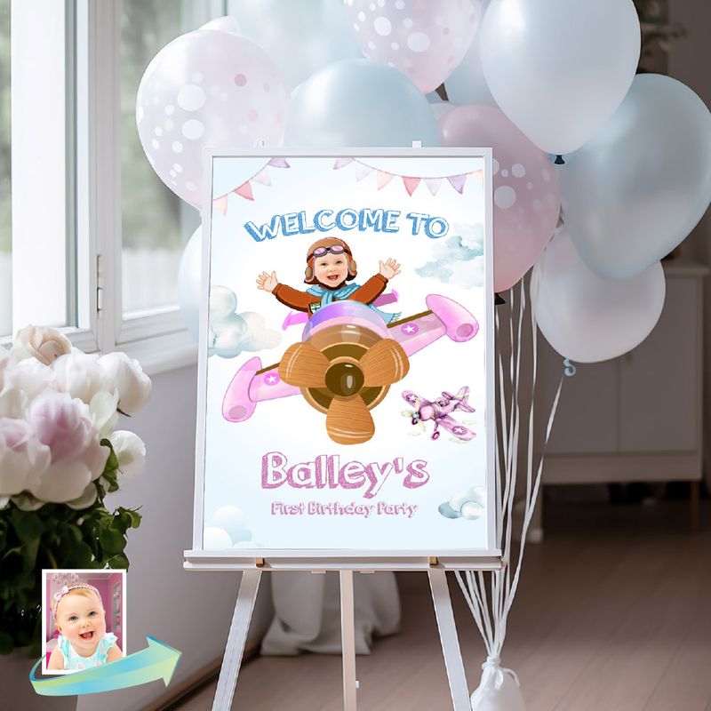 Girl Airplane Welcome sign with photo, Girl Airplane vintage welcome sign, Girl Airplane Birthday Sign, Girl Airplane Party Entrance sign. 988