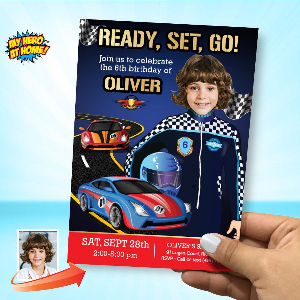 Racing Car birthday party Invitation with photo, Racing Car flyer template, Racing birthday template, Blue Race car online invitation. 993