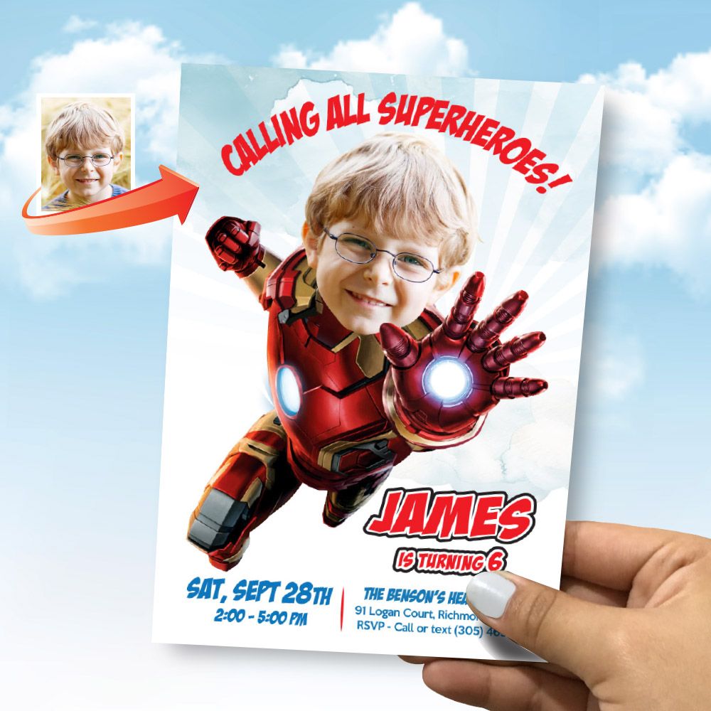 Iron Man Birthday party Invitation with photo, Ironman Party flyer, Iron Man online Invitation, Ironman template invitation. 1000