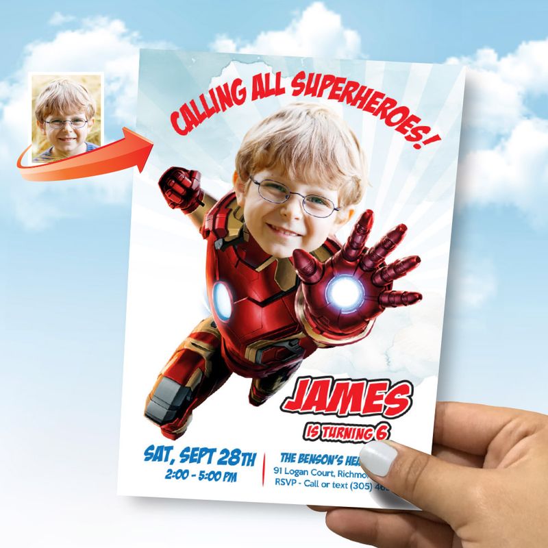 Iron Man Birthday party Invitation with photo, Ironman Party flyer, Iron Man online Invitation, Ironman template invitation. 1000