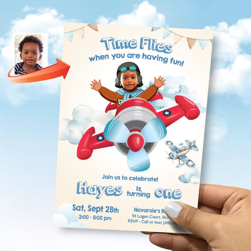 Airplane birthday party Invitation with photo, Airplane 1st birthday template, Time Flies 1st party Invitation, Baby Airplane theme. 911B