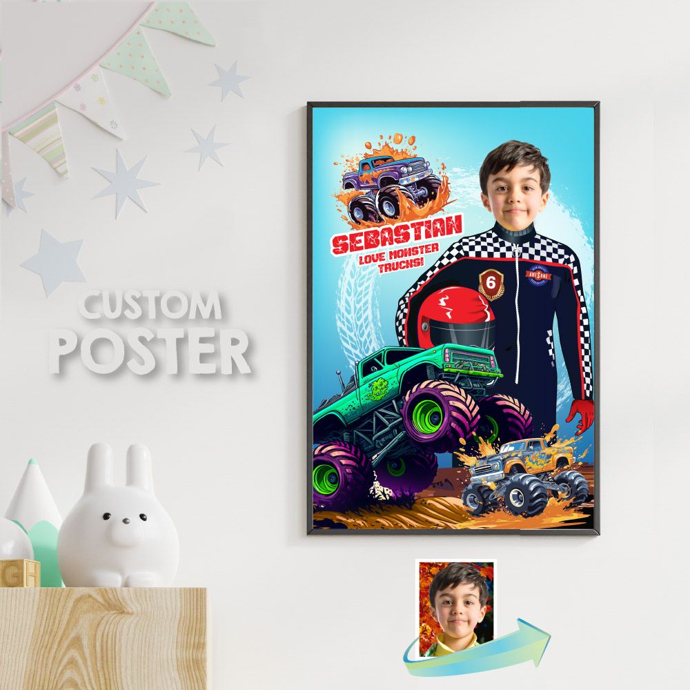 Love Monster Trucks Print with photo, Printable Gifts of Monster Trucks, Monster Truck Smash Crash decor, Monster Trucks room decor. 999B