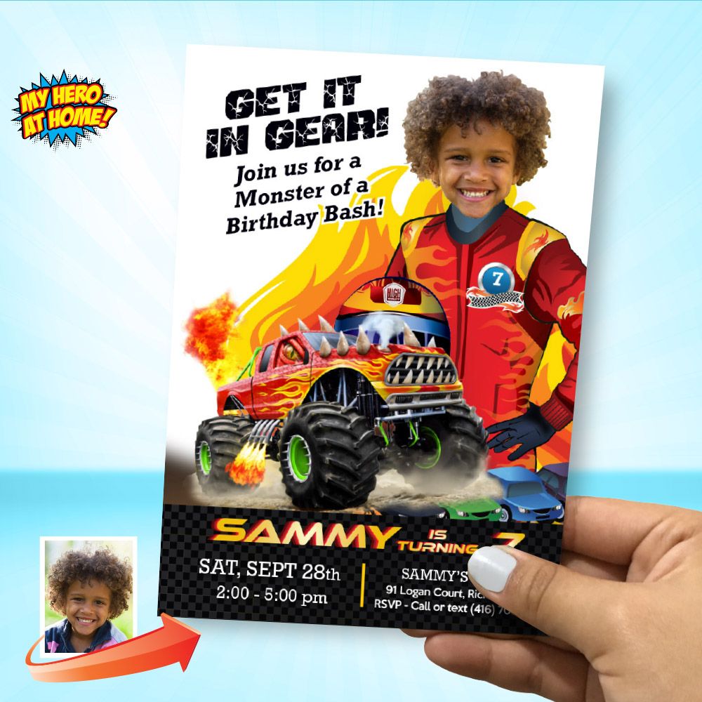 Monster Truck Party Invitation with photo, Get it in Gear birthday template, Monster Birthday Bash invitation, Monster Bash digital. 2000