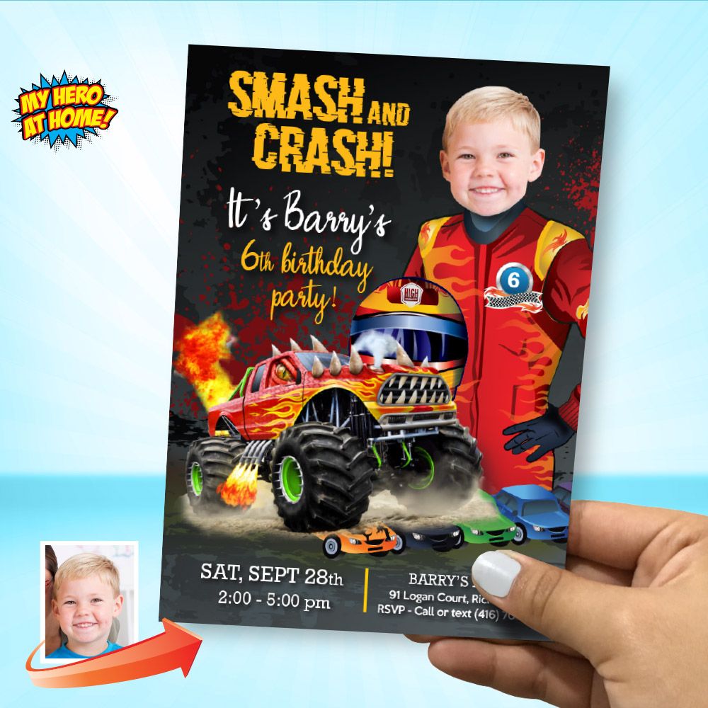 Monster Truck birthday template with photo, Smash and Crash birthday invite, Monster Bash Birthday party invite, Smash Crash digital. 2002