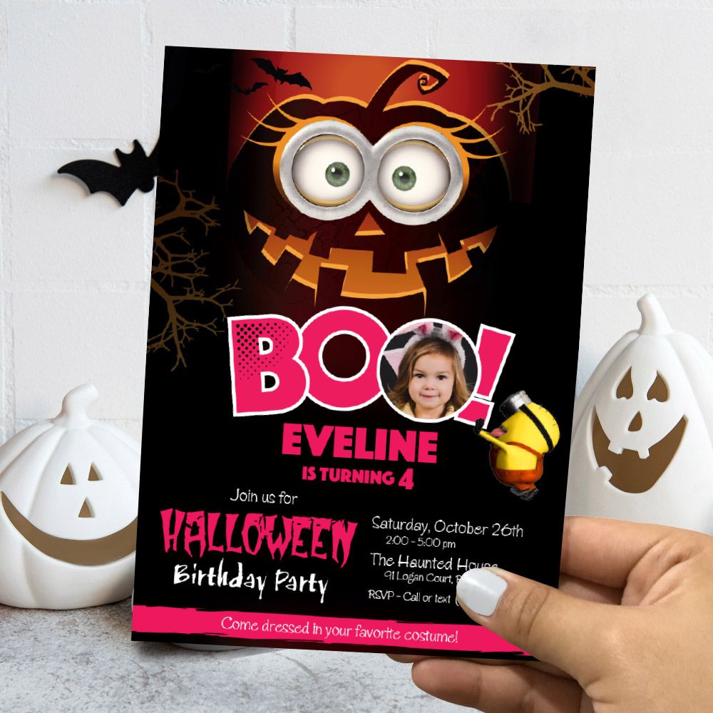 Minion Girl Halloween Invitation, Spooktacular Halloween Minions, Pink Minions Halloween Party, Girl Minions Digital flyer Invitation. 049