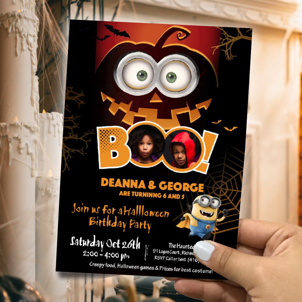 Joint Minion Halloween birthday Invitation, Halloween Siblings Minions template, Minions Halloween theme Party, 2 kids Minions flyer. 050B