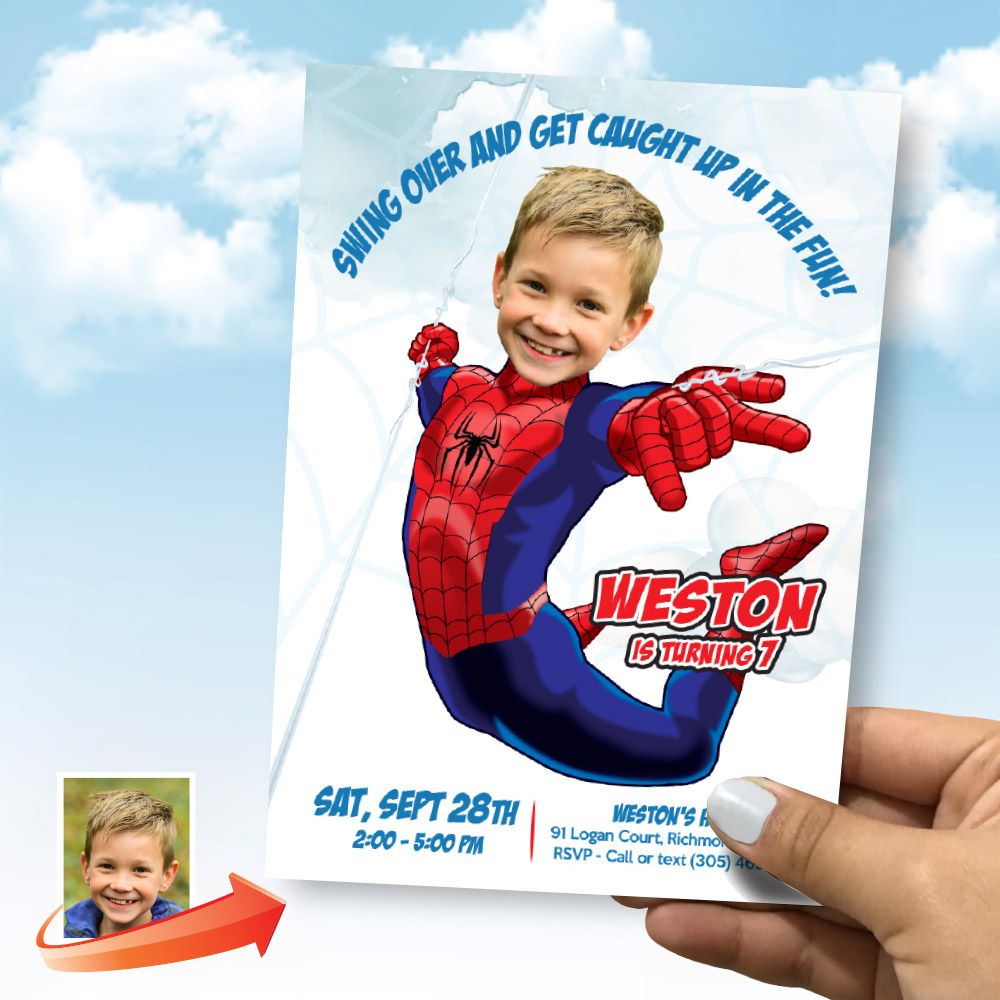 Spiderman Birthday Party Invitation with photo, Spiderman Party template, Spiderman online, Spiderman theme party, Spiderman flyer. 978