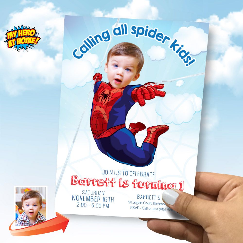 Baby Spiderman Birthday Party Invitation with photo, Spiderman 1st Party template, Spiderman 1st birthday invitation, Baby Spider flyer 2007
