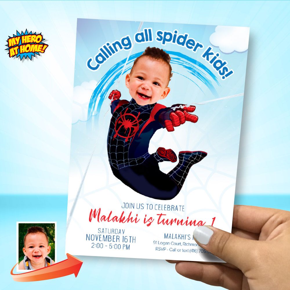 Baby Miles Morales Birthday Party Invitation with photo, Miles Morales 1st Party template, Miles Morales 1st birthday invitation. 2010
