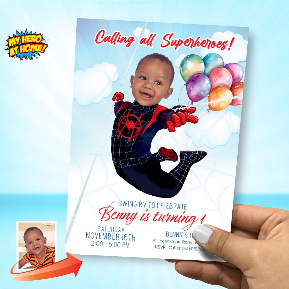 Miles Morales 1st Birthday Invitation with photo, Miles Morales 1st birthday template, Miles Morales 1st party template invitation. 2011