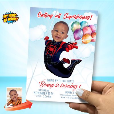 Miles Morales 1st Birthday Invitation with photo, Miles Morales 1st birthday template, Miles Morales 1st party template invitation. 2011