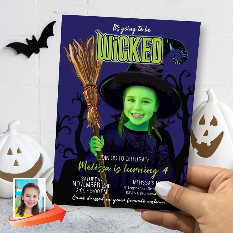 Wicked Birthday Invitation with photo, Elphaba birthday invitation, Wicked the musical party invitation, Wicked Halloween template. 2009