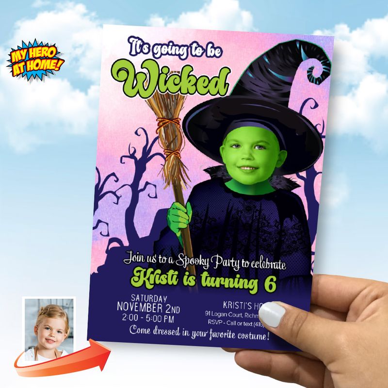 Wicked Birthday Party Invitation with photo, Elphaba party invitation, Wicked the musical party template, Wicked Halloween invitation. 2014