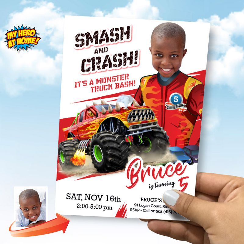 Monster Truck Party Invitation with photo, Monster Truck Invite, Monster Truck online, Monster Truck flyer, Monster Truck thank you. 901