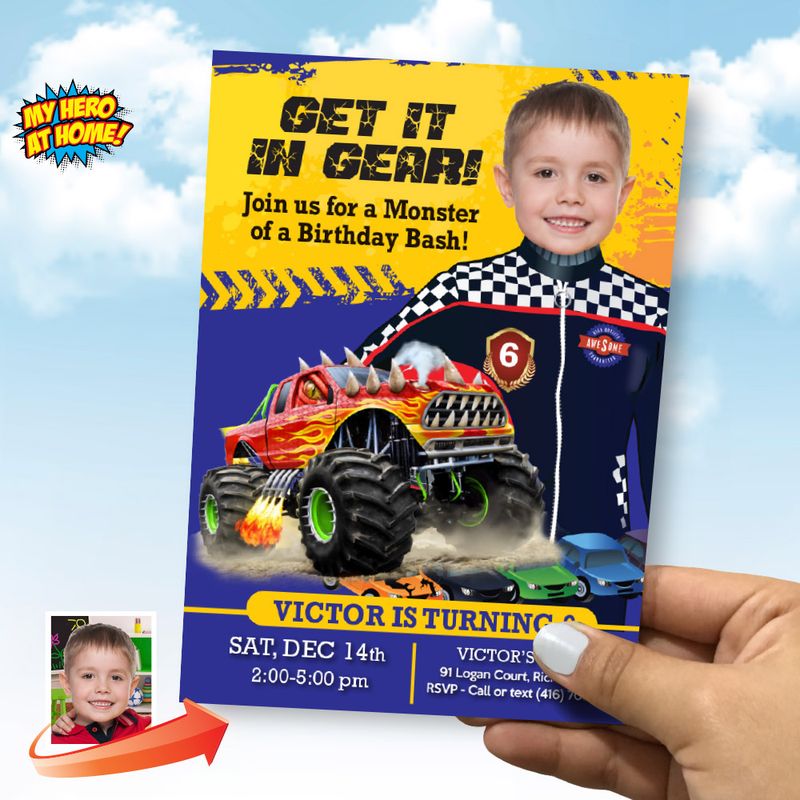 Monster Truck Party Template, Monster Truck Template with photo, Monster Truck digital Monster Truck flyer, Get it in gear invitation. 442